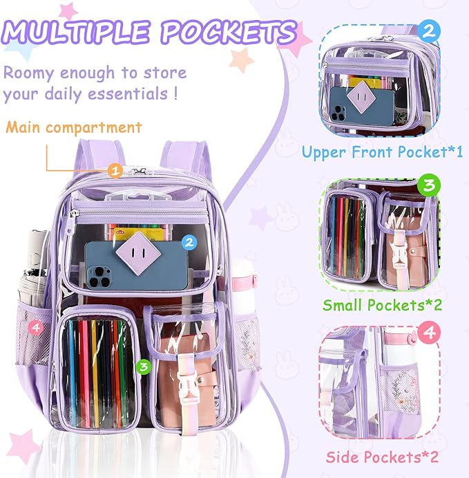 PIG PIG GIRL Clear Backpack for School,Heavy Duty PVC Transparent Bookbag for Girls Stadium Approved See Through Backpack