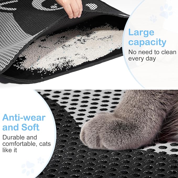 Bienbee Cat Litter Mat, 30"x24" Litter Mat Double Layer Litter Trapping Mat, Reduces Tracking and Keeps Floors Clean, Black Cat L