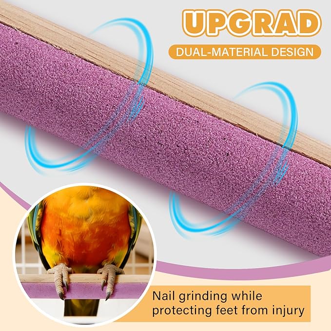 Wooden Bird Perch Stand with Grinding, 2Pcs Parrot Cage Stand Branch, No Hurt Foot Claw Grinding Bird Perch for Cockatiels, Parakeets, Lovebirds