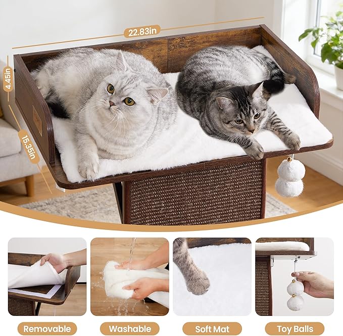 Modern Wood Cat Tree Tower for Indoor Large Cats, 33.8-Inch Tall Wooden Cat Trees with Big Perch Bed, Cat Scratching Pads, Washable Cushions and Scratching Mat, Cat Furniture, Rustic Brown