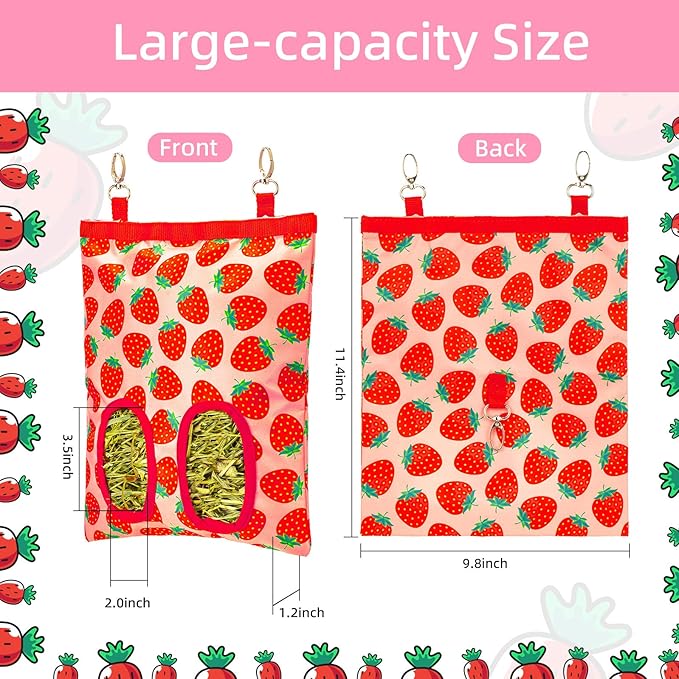 2Packs Large Rabbit Hay Feeder Bag, Upgraded Guinea Pig Hay Feeder with 3 Hooks, Chew Proof Washable Hay Bag for Rabbits Bunny Chinchilla Hamster, Mess Free Grass Holder 2 Holes, 9.8x11.4 Inch