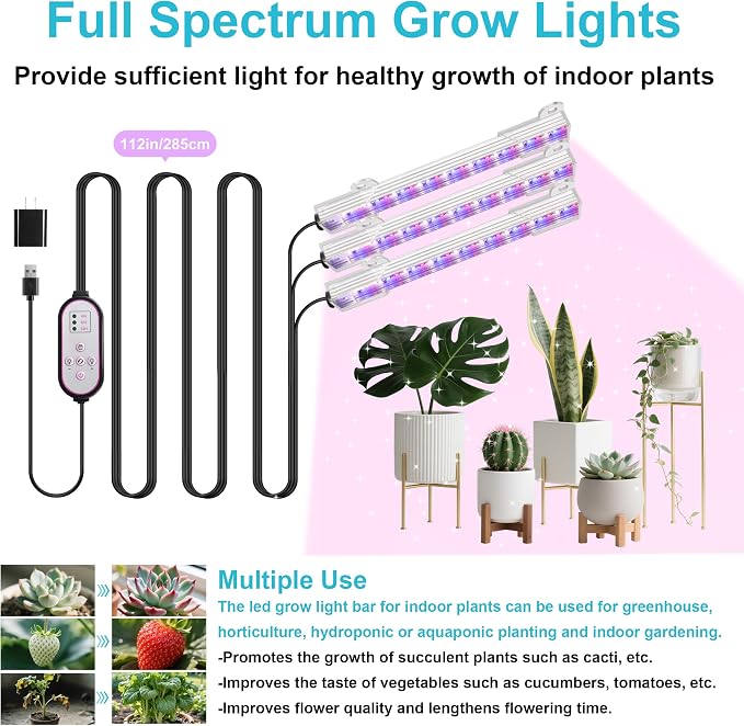 Hywyimlait 7.8'' LED Grow Light Strips, Grow Lamps for Indoor Plants Full Spectrum, Plant Light with 4/8/12H Timer, 10 Dimmable Levels for Seedling Succulent,Best Match for Plant Shelf, 3 Head