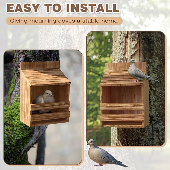 Briwooody Wooden Open Mourning Dove Nesting Box for Outside Dove Bird House 14 H x 10 W x 6 L Inches Bird Nesting and Roosting Platform Hanging Birdhouse Garden Decoration (Flat Roof, Brown)
