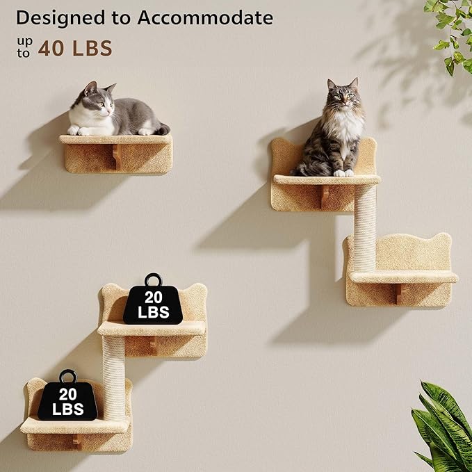 Cat Wall Shelves with Cat Tree, 26-in-1 Wall Mounted Pet Furniture with 40''L Tunnel, Scratching Posts, House, Step and Floating Bridge, Cat Climbing Wall Systems with 63'' Cats Tower, Beige