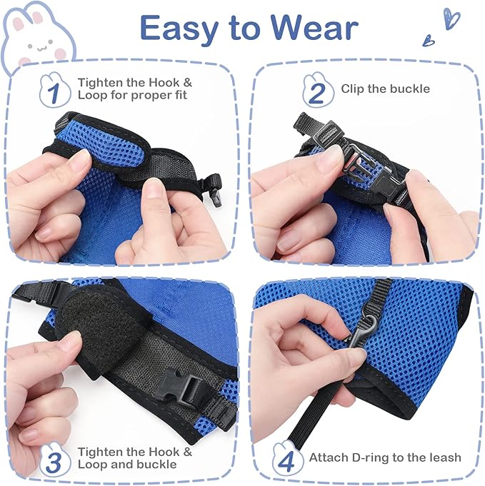 PETTOM Bunny Rabbit Harness with Stretchy Leash Cute Adjustable Buckle Breathable Mesh Vest for Kitten Small Pets Walking (Blue,XL)