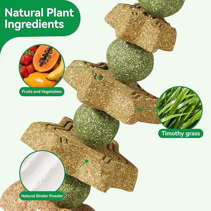 4 Pack Rabbit Chew Toys Bunny Treats, Prevent Teeth Overgrowth, Chew Toys for Guinea Pig/Hamster, Made with Timothy Hay & Vegetables for Rodent Pets, Small Animal Toys