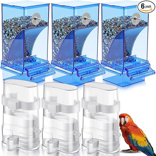 Yaomiao 6 Pcs No Mess Bird Feeders Automatic Clear Parrot Water Dispenser Acrylic Quail Feeder and Watered Cage Accessories Indoor for Small and Medium Parrot Cockatiel Canary (Blue Feeder)