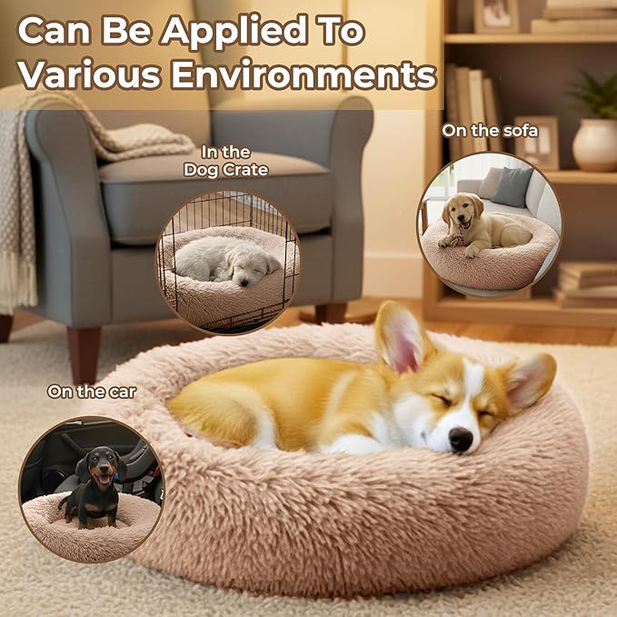 Calming Extra Large Donut Dog Bed, Round Soft Fluffy Plush Faux Fur Anti-Anxiety Washable Anti-Slip Pet Bed for Large Size Dog and Cat 32in （Camel）