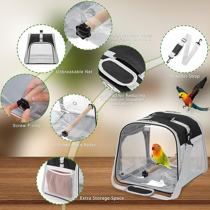 Small Bird Carrier, Large Window Travel Cage with Stand and Easy Clean Tray for Parrot Parakeet Cockatiels, Lightweight and Portable, Black