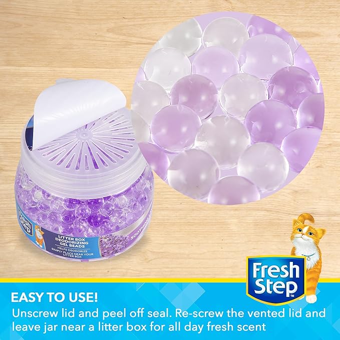 Fresh Step Litter Box Deodorizing Gel Beads, Soothing Lavender Scent, Neutralizes Pet Odors Around the Litter Box, Vented Lid for Continuous Fragrance Release, 12 Oz