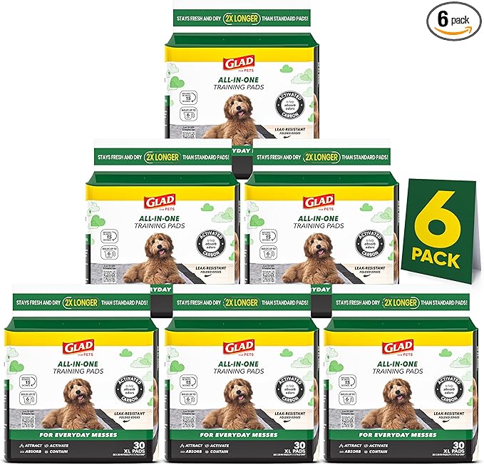 Glad for Pets Extra Large Charcoal Training Pads for Dogs and Puppies, Activated Carbon Odor Control, 6-Layer Absorbent Leak-Proof Pee Pads with Pheromone Attractant, 28 x 30 in, 30 Count - 6 Pack