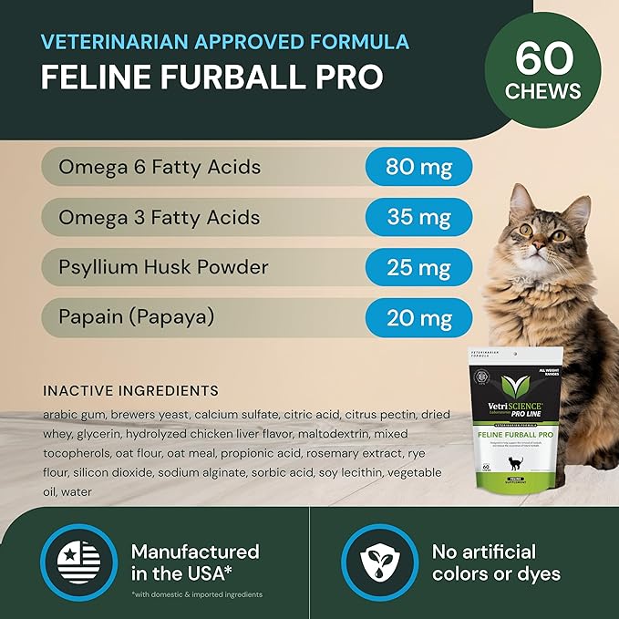 VetriScience Veterinary Strength Hairball Control for Cats - Cat Hairball & Digestion Support for Cats Skin & Coat Health Formula - Chicken Flavor - 60 Chews