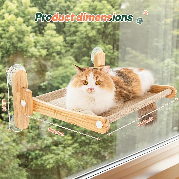 Cat Window Perch, 100% Natural Pine Foldable Cat Window Seat, Cordless Safety Design with 50LBS Weight Capacity, No Drilling Easy Installation for Indoor Cats & Home Decor