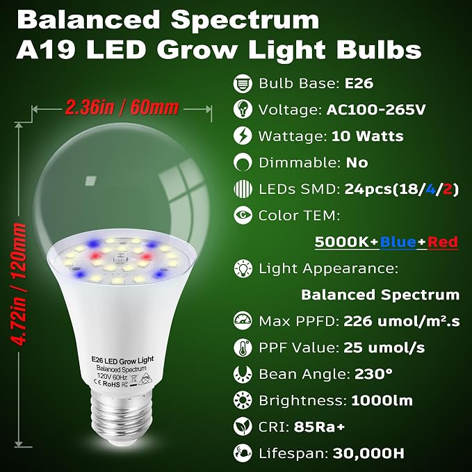 LED Plant Grow Light Bulbs Indoor Plants Full Spectrum E26 A19 | LED Sun Bulbs Plant Growing 100W Equivalent with Balanced 5000K Red Blue Yellow for Seeds Greens Flower Fruit Garden,6Pack
