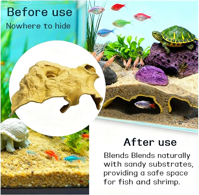 Aquarium Cave Tunnel 3D Printed - Fish Tank Decoration Natural Fish Hideout for Pleco, Shrimp & Corydoras | Sinking Base & Viewing Ports | Substrate-Friendly Decor (6.7" Under Gravel Design)