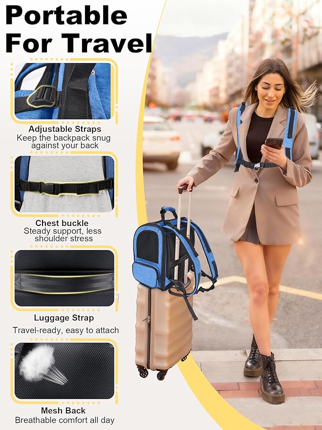 Large Cat Carrier with Tunnel Extension, Portable Small Dog Backpack with Ventilated Mesh Windows, Anti-Scratch Fabric, Luggage Strap and Chest Buckle for Travel, Hiking, Camping,Gray Blue