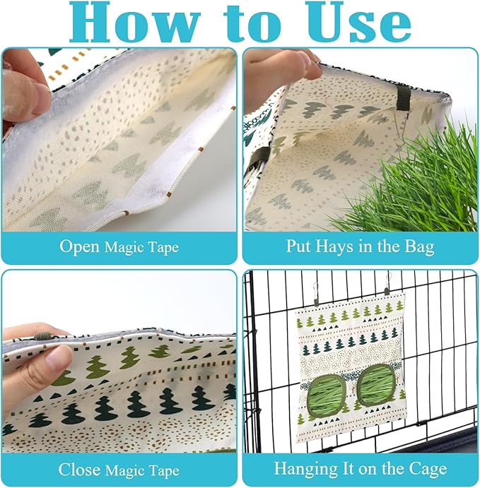 2 Packs Rabbit Hay Feeder Bag, Hanging Hay Feeders Washable 2 Hole Guinea Pig Hay Feeder Bag for Bunny Rabbits Chinchillas Hamsters Small Pets Animals
