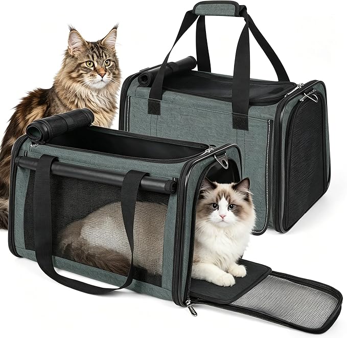 YUDODO 2 Packs 25 lbs Lightproof Soft Sided Pet Carrier for Large Cat & Small Dog Airline Approved Travel Bag Puppy Carriers with Side Pockets & Reflective Mesh, Foldable Portable for Car 2 Grey Green