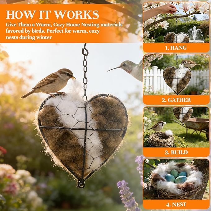 Handmade Fiber Bird Nesting Heart, Refillable,Birds Nests Material Holder, Winter Tree Shelter for Wild Bird,Outside Garden Art Birdhouse,Animal Hummingbirds Lovers Home