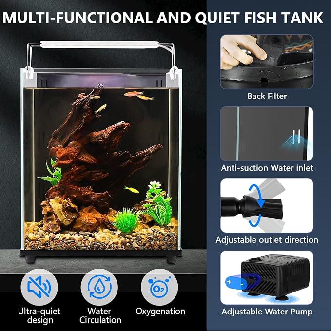 fishkeeper 5 Gallon Fish Tank Starter Kit, Small Aquarium with Filter | LED Light with 3 Colors, Self Cleaning Fish Bowl, Rimless Aquarium for Beginners only for Freshwater Tank, Room Desktop Decor