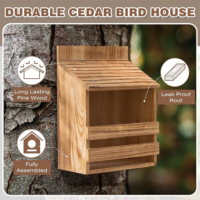 Briwooody Wooden Open Mourning Dove Nesting Box for Outside Dove Bird House 14 H x 10 W x 6 L Inches Bird Nesting and Roosting Platform Hanging Birdhouse Garden Decoration (Flat Roof, Brown)