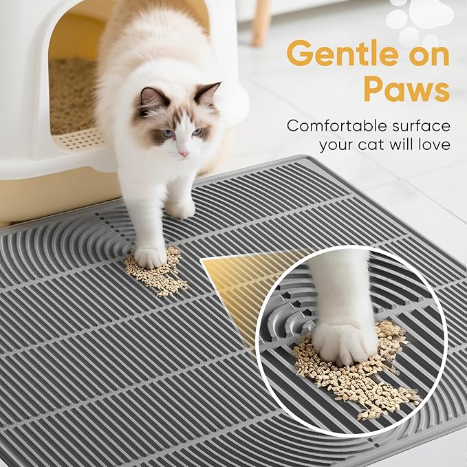 TRZZ XXL Extra Large Cat Litter Mat, Silicone Litter Box Mat for Floor, Waterproof & Non-Slip, Easy to Clean, Cat Litter Trapping Mat & Kitty Litter Catcher for Scatter Control (Light Gray)