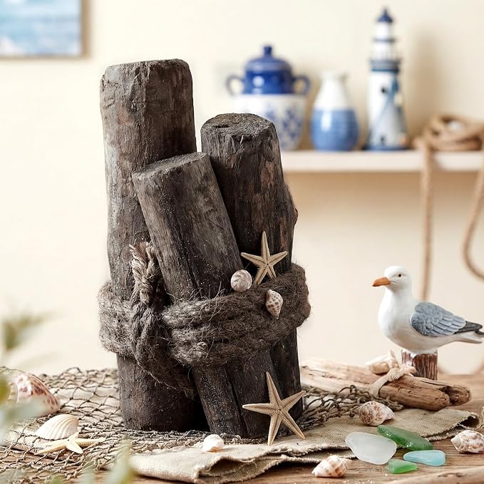 Threehoney 3 Pcs Driftwood Piling Rope Wrapped Coastal Nautical,Black | Artificial Wood Pilings as Beach Centerpieces, Farmhouse Rustic Table Decor, Coastal Accents for Dining and Aquariums