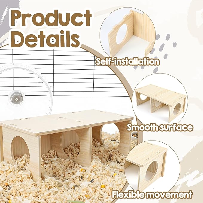 Wooden Hamster Hideout, 2 Chamber Hideout Tunnel Exploring Toy with Peep Windows Wood Cage Accessories for Gerbils Mice Rats