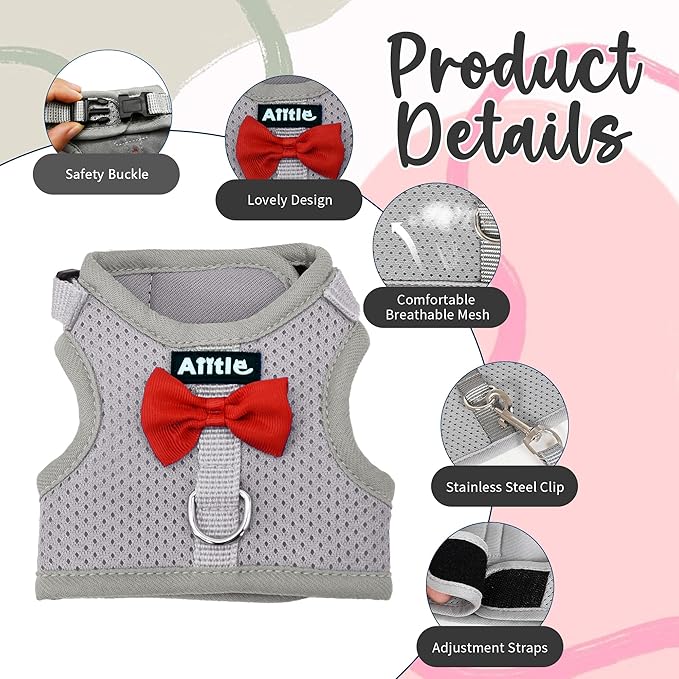 AIITLE Rabbit Harness and Leash Set with Cute Bow, Soft Breathable Mesh Vest Harness for Rabbits Kitten Ferret Puppy Small Pets Walking Supplies Grey S