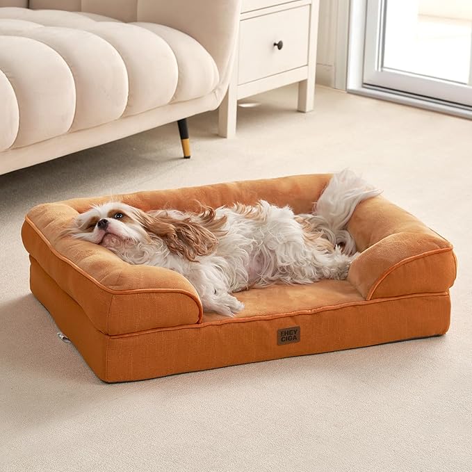 EHEYCIGA Orthopedic Dog Bed for Medium Dogs, Waterproof Memory Foam Medium Dog Beds with Sides, Non-Slip Bottom and Egg-Crate Foam Pet Couch Bed with Washable Removable Cover,Pumpkin Orange
