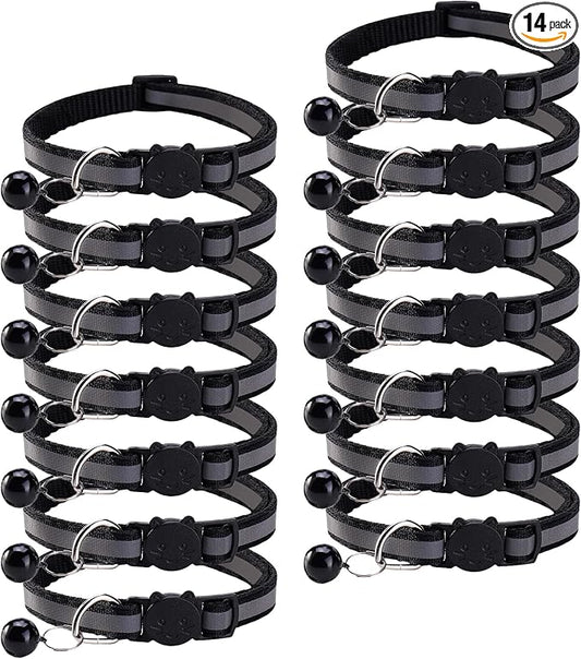 14 Pack Breakaway Cat Collar with Bell, Reflective Kitten Collar for Girl Boy Cats, Safety Buckle Adjustable 7.5-12.5 Inch, 0.4 Inch Width Lightweight, Pet Gifts (Black)