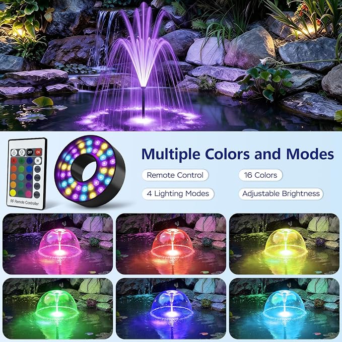 Pond Fountain Pump Kit, 600GPH Submersible Water Pump with Remote Control LED Lights, 3 Spray Patterns, Adjustable Flow, Quiet Operation, for Pond, Garden, Backyard Water Feature