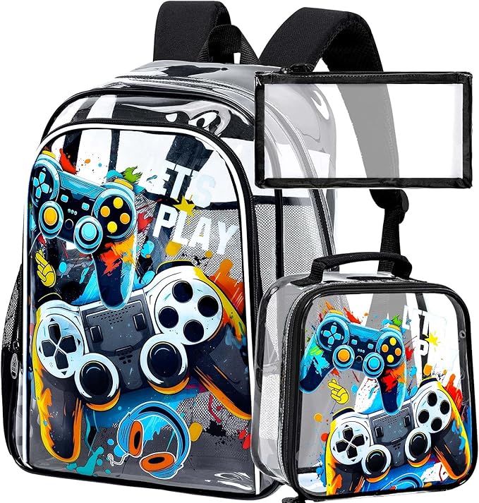 KLFVB 3PCS Clear Backpack for Girls and Boys, Kids See Through Backpacks Stadium Approved, Transparent Bookbag for Elementary