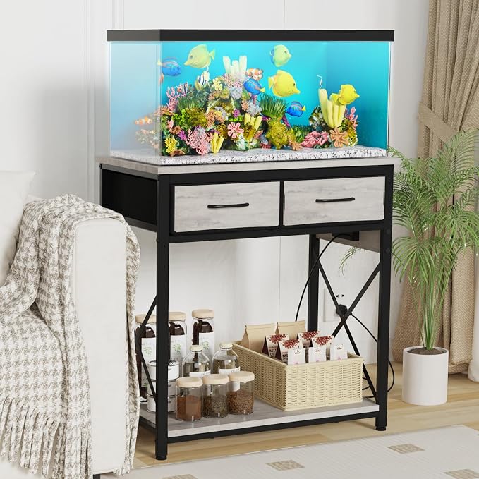 20-29-37 Gallon Fish Tank Stand with Power Outlets and 2 Drawers, Grey | Heavy duty metal frame holds up to 400 pounds with a lower shelf for a second aquarium, turtle tank or reptile terrarium
