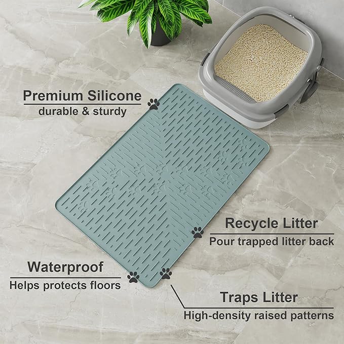 Cat Litter Mat Large Trapping Mat Premium Silicone Rubber 23.5x16 Light Blue, Waterproof and BPA Free Kitty Litter Box Mat, Easy to Clean and Keeps the Floor Tidy