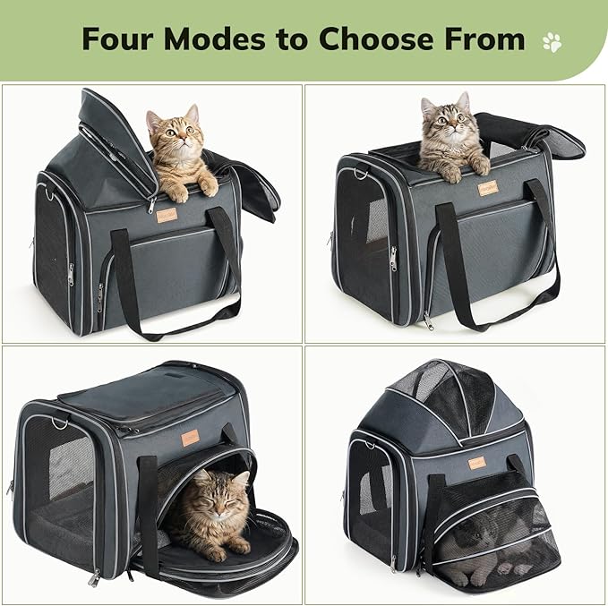 Morpilot Top and Side Expandable Cat Carrier, Collapsible Soft-Sided Pet Carrier for Medium/Large Cats and Puppies up to 20lbs for Car Rides and Vet Visits, with Dual-Sided Cushion& Bowl (Dark Gray)