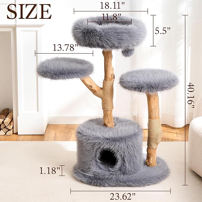 HITTITE Natural Wood Cat Tree Tower with Scratching Post, 40 Inches Tall Modern Cat Tower with Cozy Bed and Condo, Luxury Real Branch Cat Tree for Indoor Cats Large Adult, Grey.