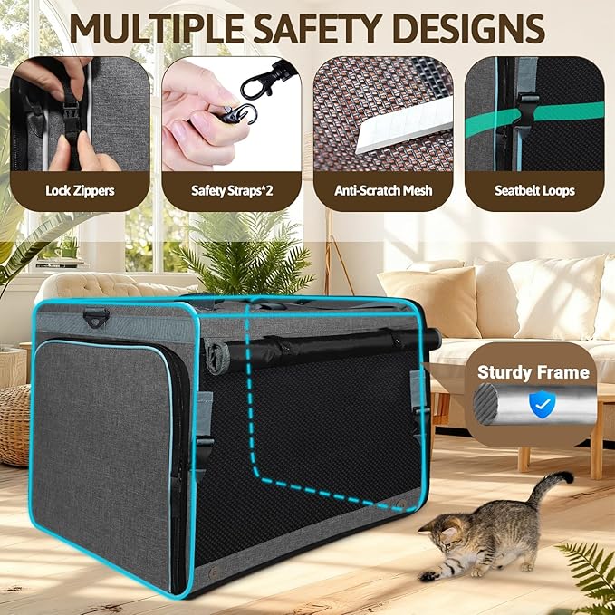 Petskd Side Expandable Extra Large Cat Car Carrier with Collapsible Litter Box for Long Distance Travel,24"x17"x17" Portable Soft Sided Pet Carrier with Roller Shades for 2 Cats Up to 55LBS(Grey)