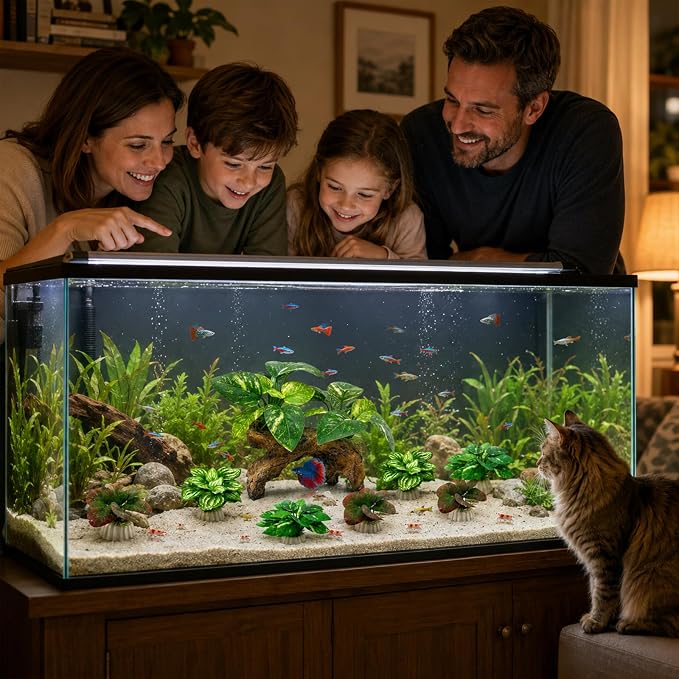 9-Pack Silk Aquarium Plants & Driftwood Cave Fish Tank Decor Accessories | Soft Silk Plants Aquarium Decorations, Fish-Friendly, Small Fish Tank Decorations for Betta, Shrimp, Cichlid Tank & Reptiles