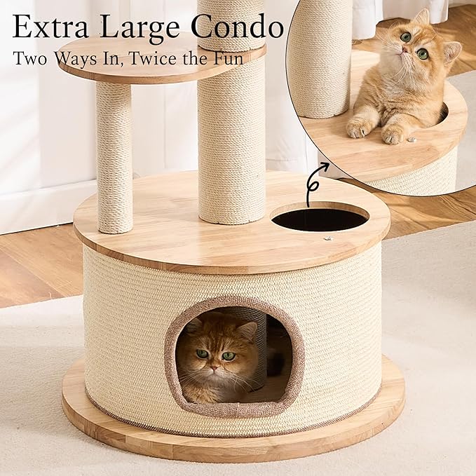 797Audio Modern Wood Cat Tree Tower, 64" Cat Tree with Sisal Scratching Posts, Condo, Capsule, Hammock for Indoor Cats, Solid Rubber Wooden Cat Tree, Multi-Level Tree for Large Adult Cat