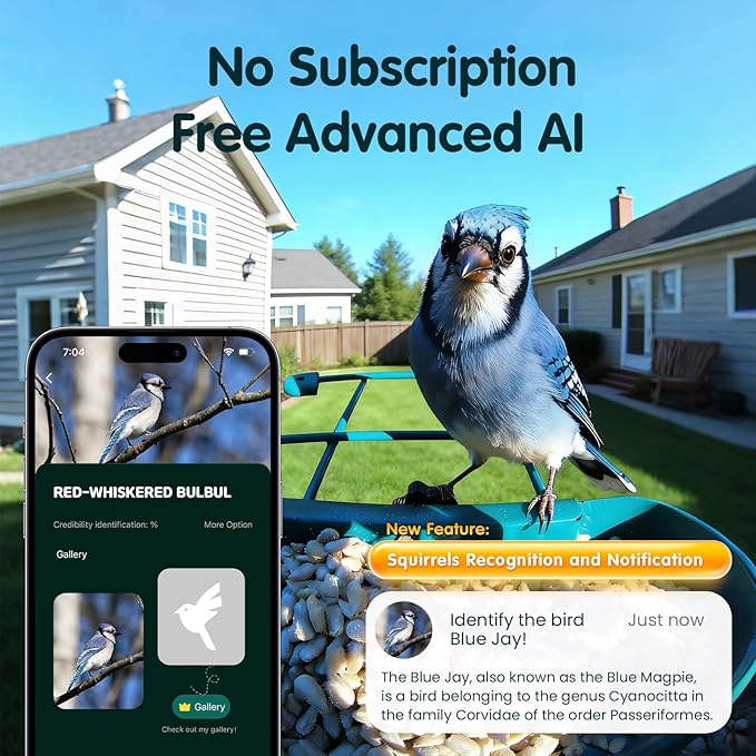 Bird Feeder with Camera, 4K Ultra HD Video with 30fps Live View, 10x Slow Motion, No Subscription, Solar Powered AI Smart Bird Feeder with Camera, 2.4G/5G Wi-Fi, Durable Metal,Bird Lover Gift