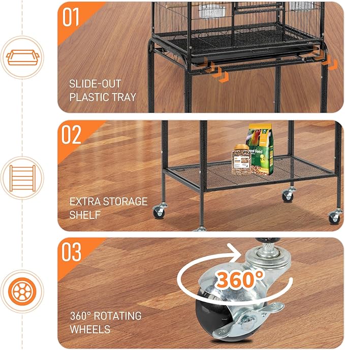 VINGLI 53-inch Bird Cage with Wheels, Durable Wrought Iron Parakeet Cage with Slide Out Tray, Black Bird Cages for Parakeets/Lovebird/Cockatiels/Budgies and Other Small/Medium Birds (Large-53 inch)