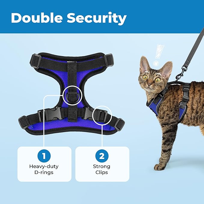 Voyager Escape-Proof Step-in Lock Cat Harness & 5ft Neoprene-Handle Leash Set All-Weather Mesh with Reflective Stitching for Small to Large Cats by Best Pet Supplies, Black Trim-Royal Blue (327), XXS