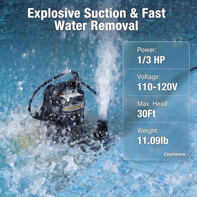 CrestWave Automatic Pool Cover Pump & Submerible Sump Pump, 1/3HP | Unique External Sensor Switch - Clog-Free, Stays Responsive, Auto 2-in-1 Pump, w/3/4” Check Valve Adapter