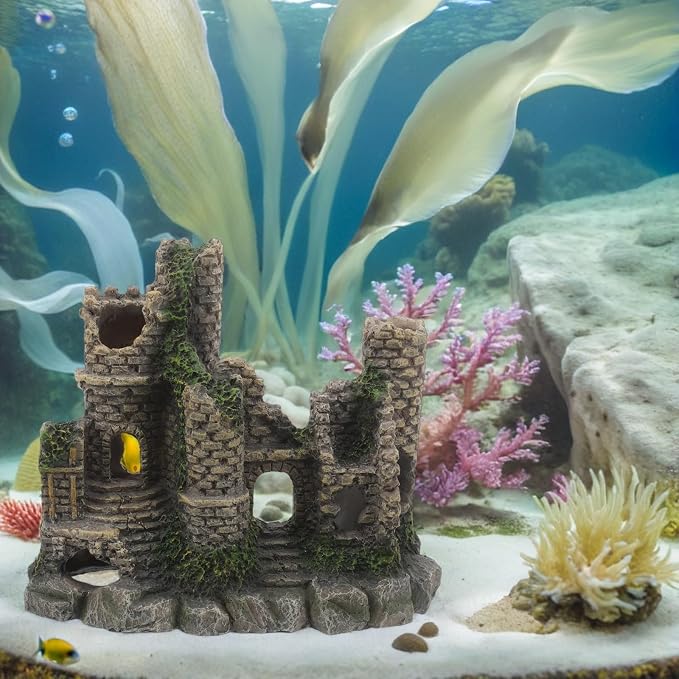 Fish Aquarium Ornament Realistic Castle Resin Hideout Decor | Freshwater and Saltwater Use, for Fish and Reptiles, Fantasyinspired Centerpiece for Room Ambiance