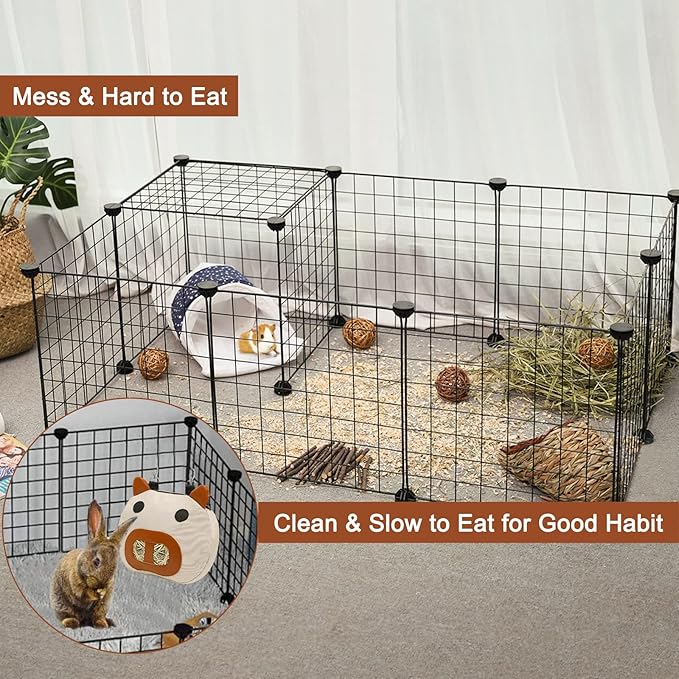 Rabbit Hay Feeder Bag, Hay Feeder for Guinea Pig Timothy Hay Feeder Dispenser Storage with 2 Hanging Hooks for Bunny Small Animal Cage Mess Free (Brown)