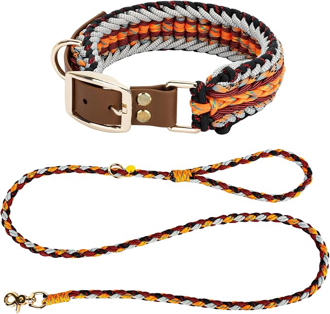 Tirevt Hand-Woven Dog Collar and Leash Set:Color-Block Design, Premium Reinforced Buckle, Adjustable Artisan Paracord for Puppies, Small, Medium & Large Dogs (Orange, L)