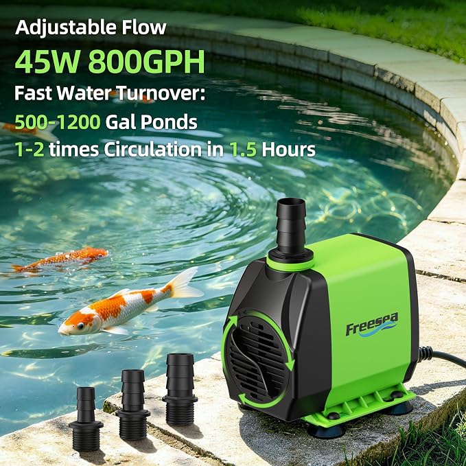 FREESEA 800GPH Small Pond Pump: Circulate 500-1200 Gallon Pond in 1-2 Hours | 24/7 Reliable Operation for Crystal Clear Water & Healthy Koi - 45W Quiet Motor with Adjustable Flow