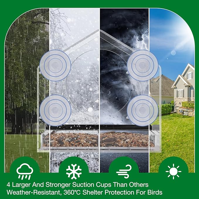 Window Bird Feeder with 4 Extra Strong 2.36'' Suction Cups - 4.35' Extra Deep Removable Tray for Large Capacity, Clear Birdhouse for Outside Viewing, Gift for Cardinals, Finches & Bluebirds