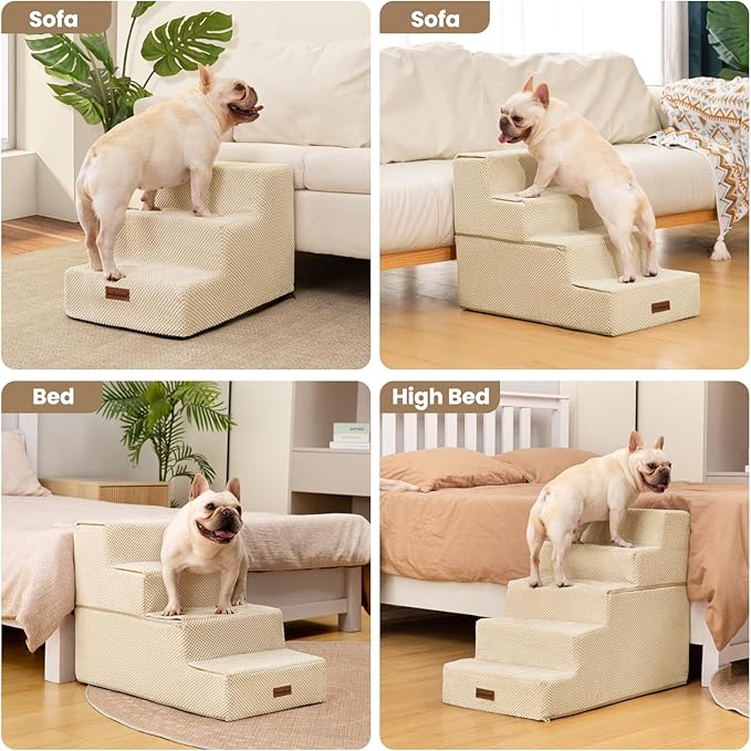 Aodisman Dog Stairs for Bed 18.5" H, 4-Step Dog Steps for Small Dogs and Cats, Indoor Non-Slip Balanced Pet Stairs are Suitable for Puppy, Older Cat,Beige